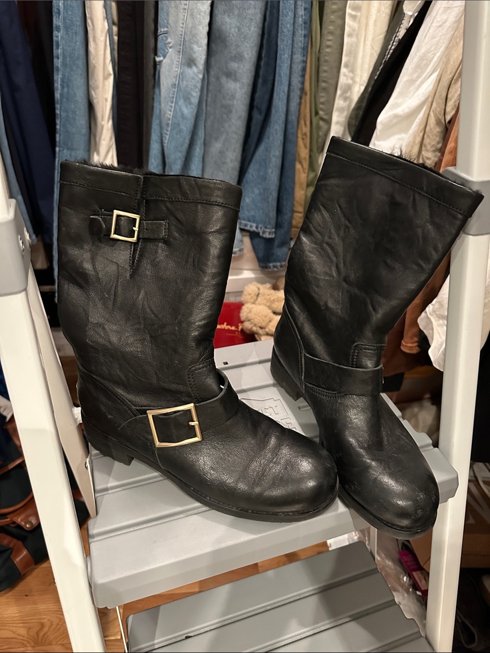 Jimmy Choo Black Leather Mid-Calf Buckle Boots